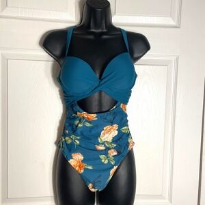 CUPSHE Tank Swimsuit Womens Small Teal Blue Floral One Piece Cutout Tie Back